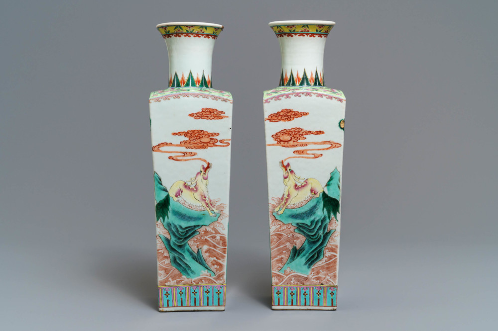 A pair of square Chinese famille rose 'mythical beasts' vases, 19/20th C.