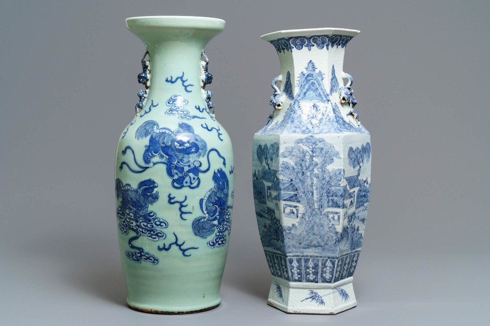 Twee Chinese vazen met blauw-wit en celadon decor, 19e eeuw