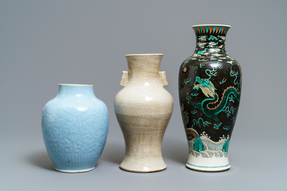 Three Chinese monochrome and famille noire vases, 19th C.