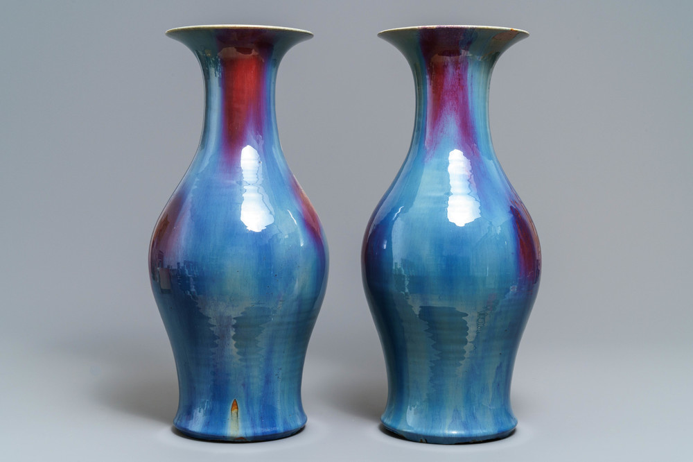 A pair of Chinese flamb&eacute;-glazed vases, 19th C.