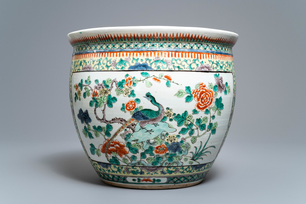 A Chinese famille verte fish bowl with birds among flowers, 19th C.