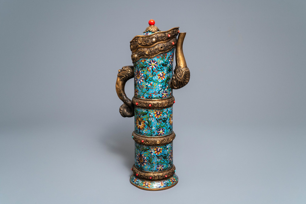A large Chinese cloisonn&eacute; and inlaid gilt bronze 'Duomuhu' ewer, Republic, 20th C.