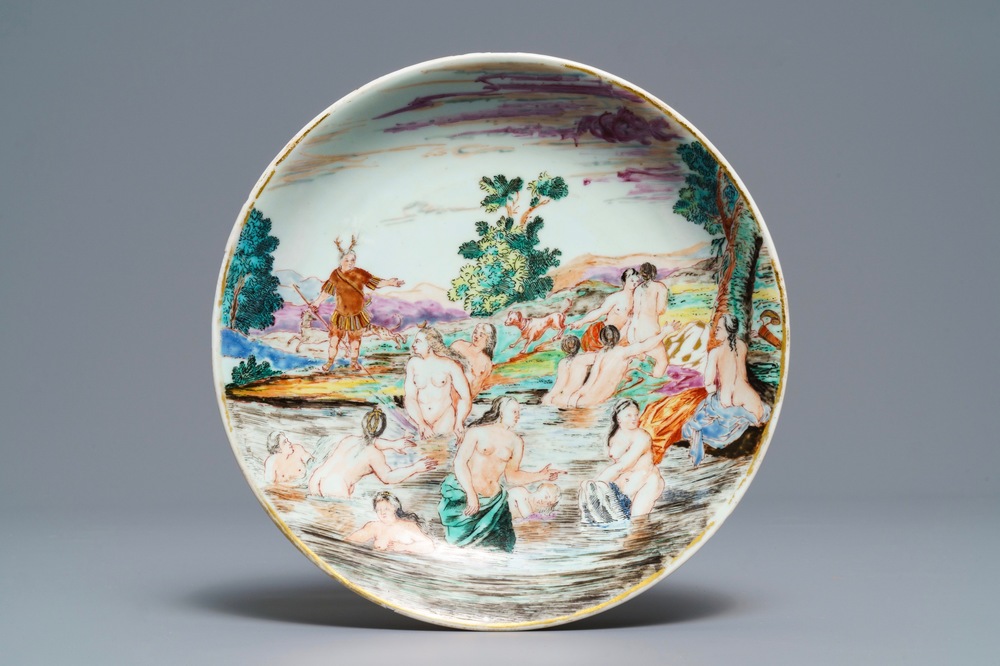 A Chinese famille rose eggshell 'Diana and Actaeon' plate with Dutch inscription, Yongzheng