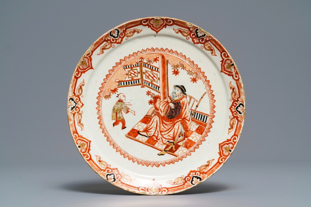 A Dutch Delft dor&eacute; Imari-style chinoiserie plate, 18th C.