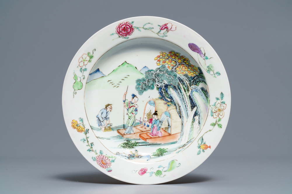 A fine Chinese famille rose 'ruby back' plate with figures and boats, Yongzheng