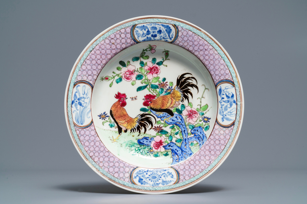 A fine Chinese famille rose eggshell 'rooster' plate, Yongzheng