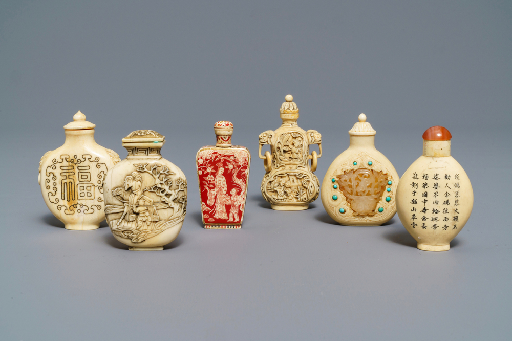 Six Chinese carved ivory snuff bottles, 19/20th C.