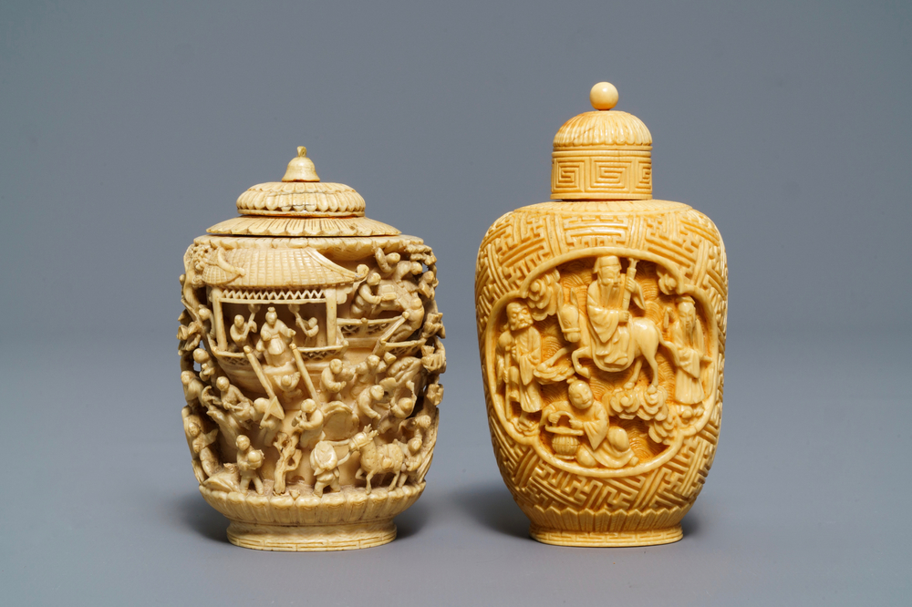 Two Chinese carved ivory snuff bottles, 19th C.