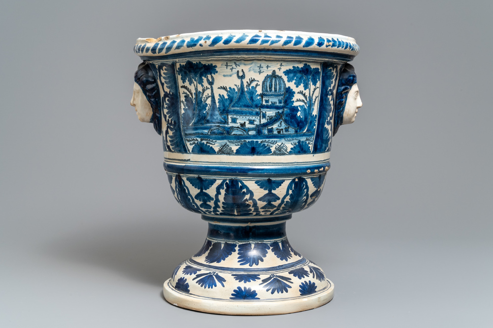 A large blue and white French faience garden urn, Nevers, 18th C.