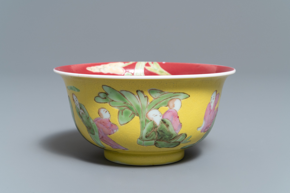 A rare Chinese ruby and yellow-ground bowl, Yongzheng