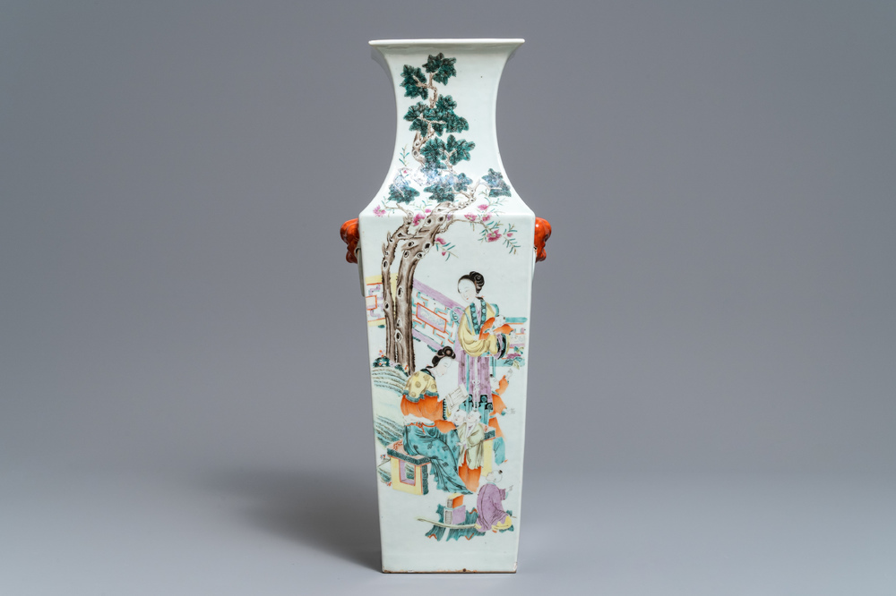 A square Chinese qianjiang cai vase with court ladies and playing children, 19/20th C.