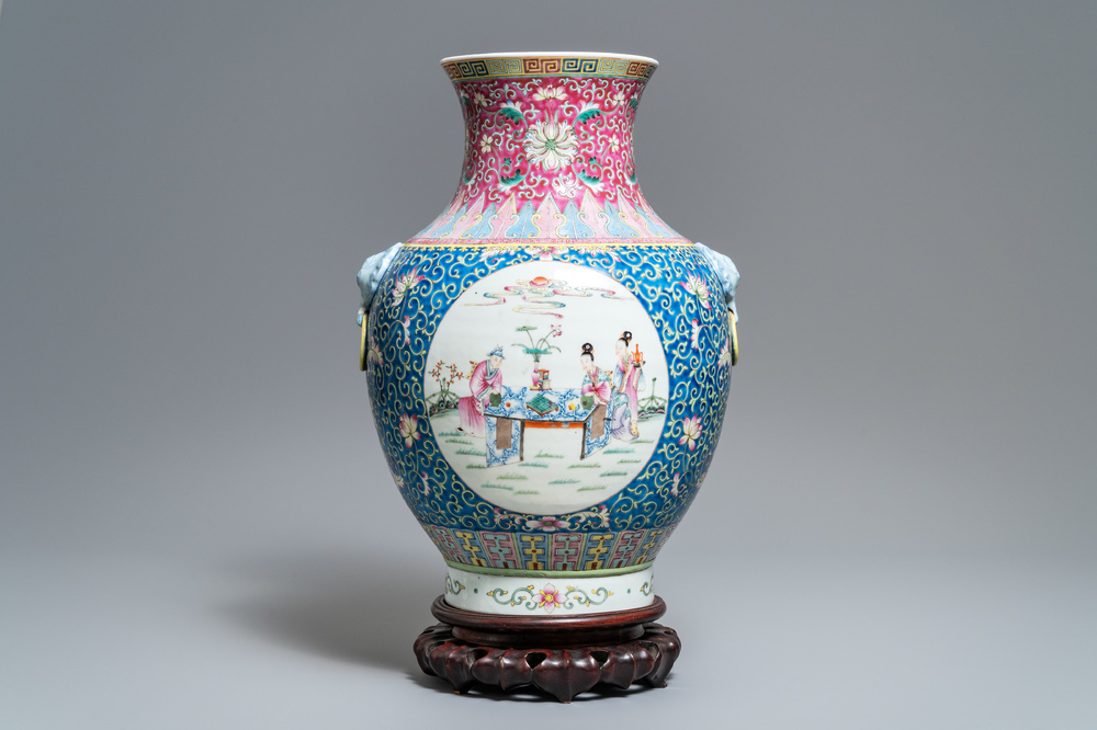 A large Chinese famille rose 'hu' vase, Qianlong mark, Republic, 20th C.