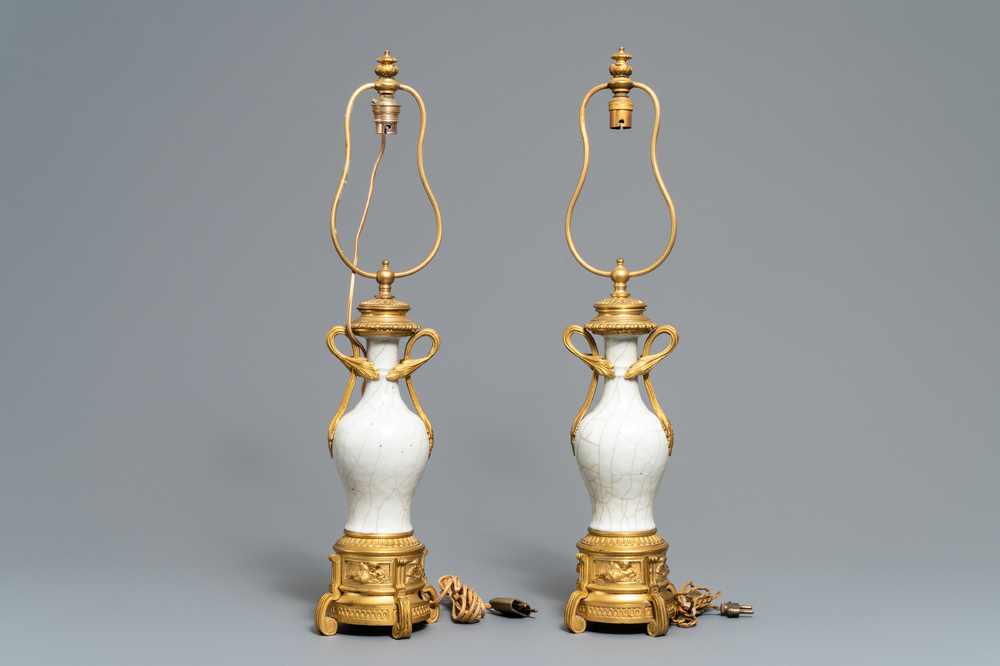 A pair of Chinese gilt bronze-mounted crackle-glazed vases, 18th C.