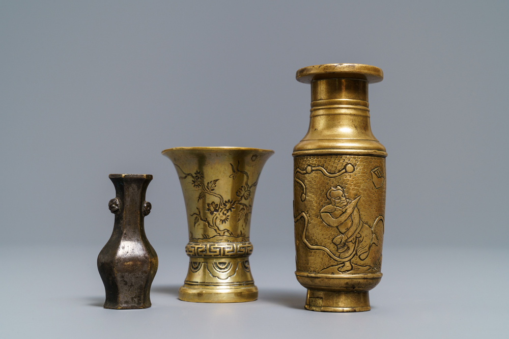 Three small Chinese bronze vases, Song and Qing