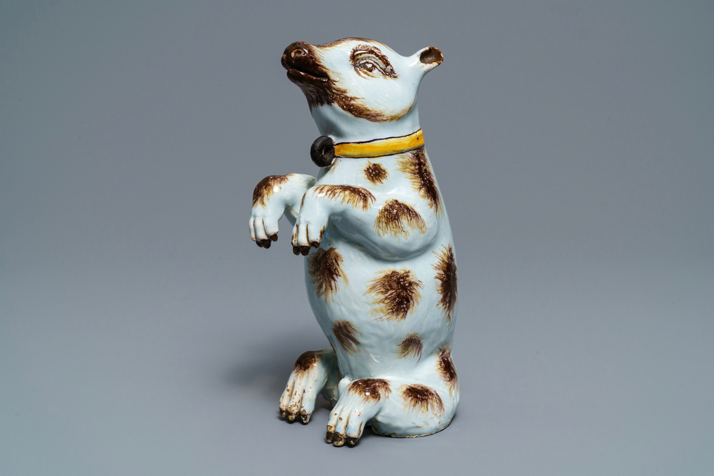 A polychrome Dutch Delft model of a bear, 18th C.