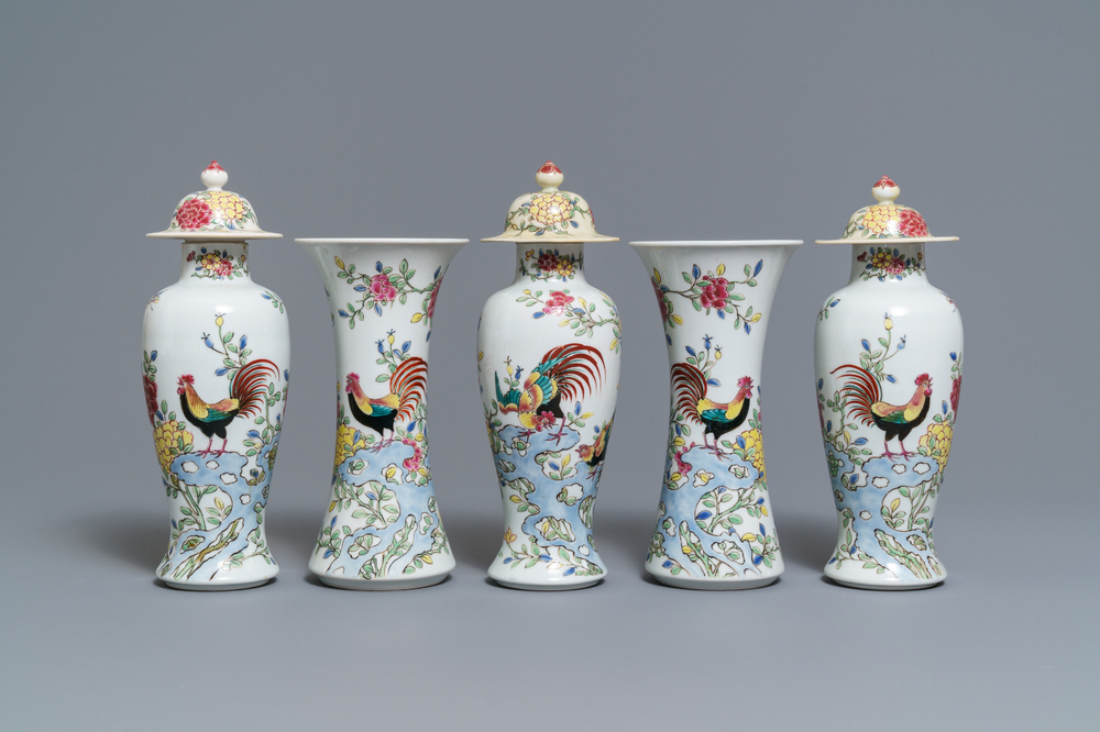 A famille rose-style five-piece garniture with roosters and chickens, Samson, Paris, 19th C.