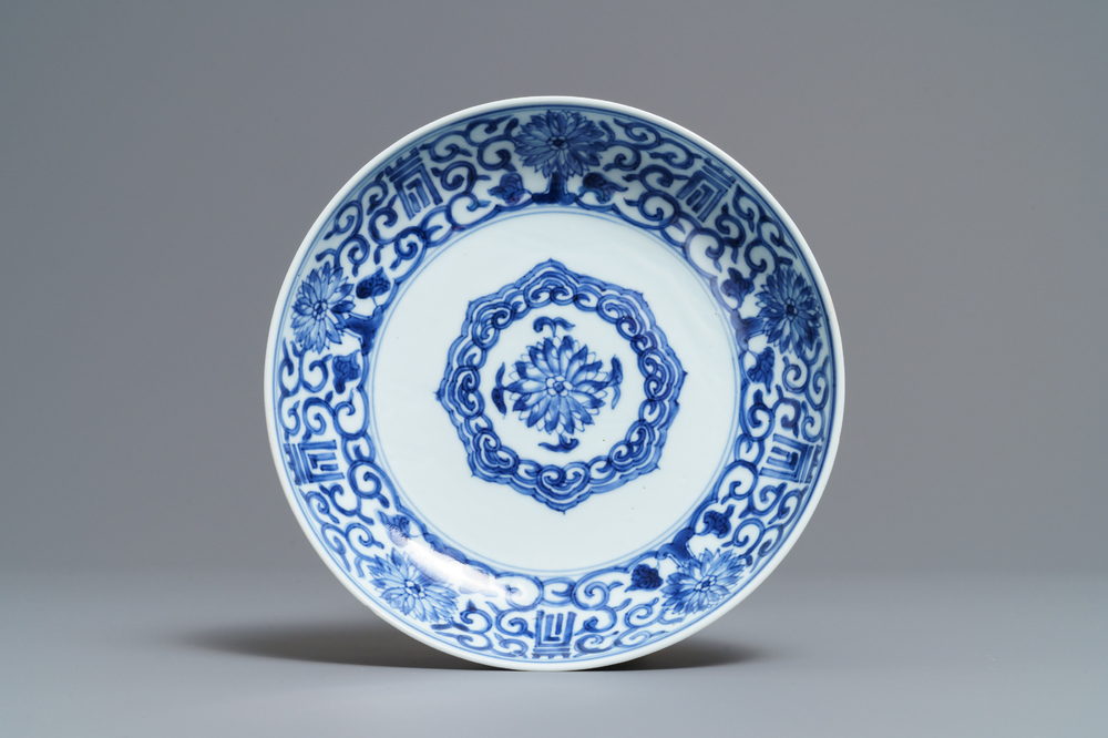 A Chinese blue and white 'longevity' plate, Yongzheng mark and of the period
