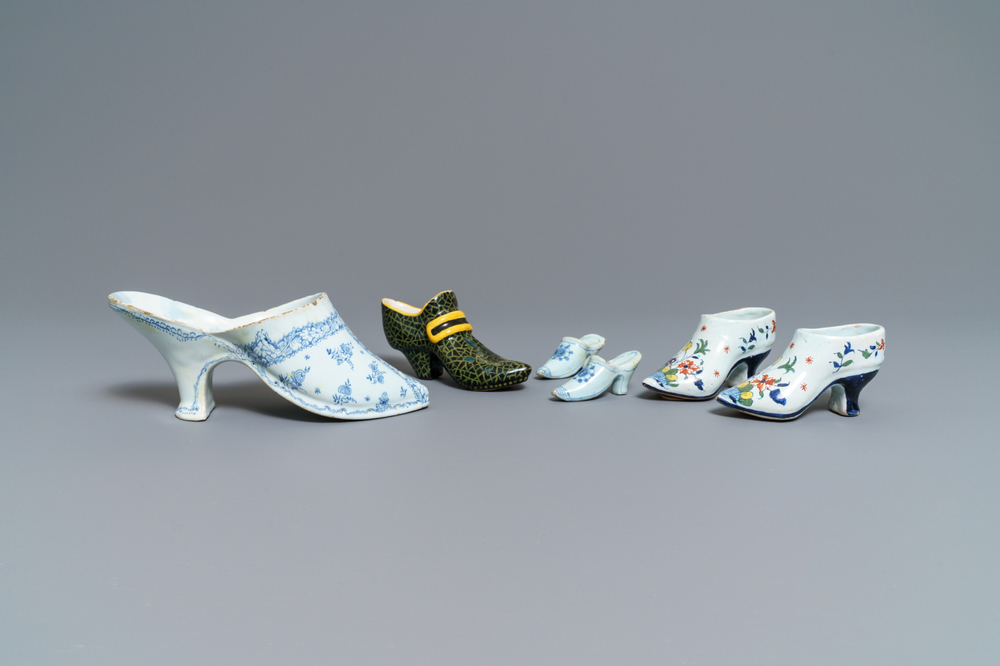 Six Dutch Delft and French faience models of shoes and slippers, 18/19th C.