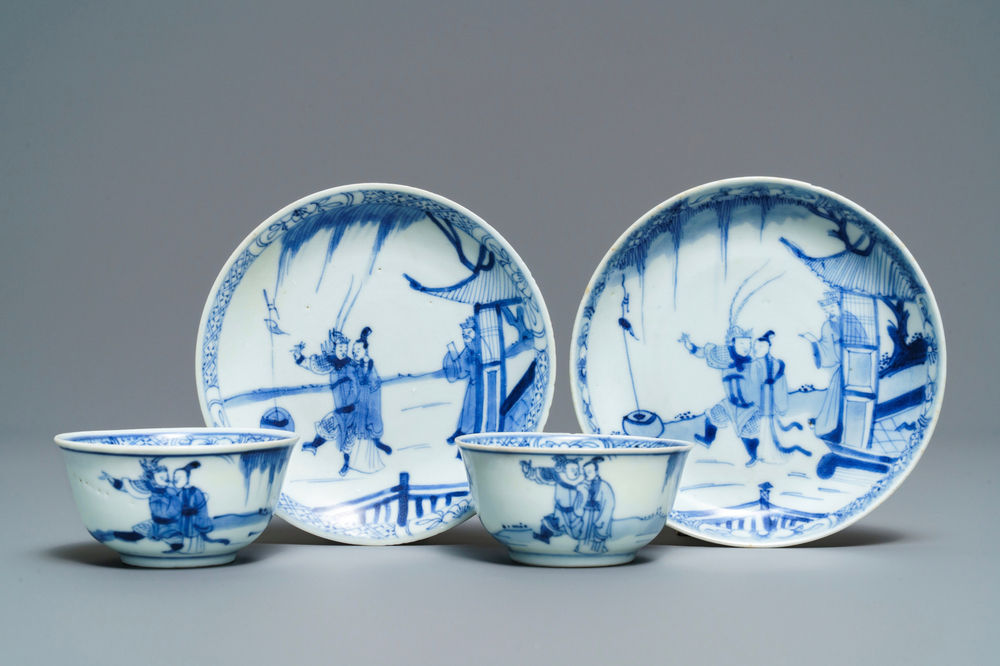 A pair of Chinese blue and white cups and saucers with figures, Ca Mau wreck, Yongzheng