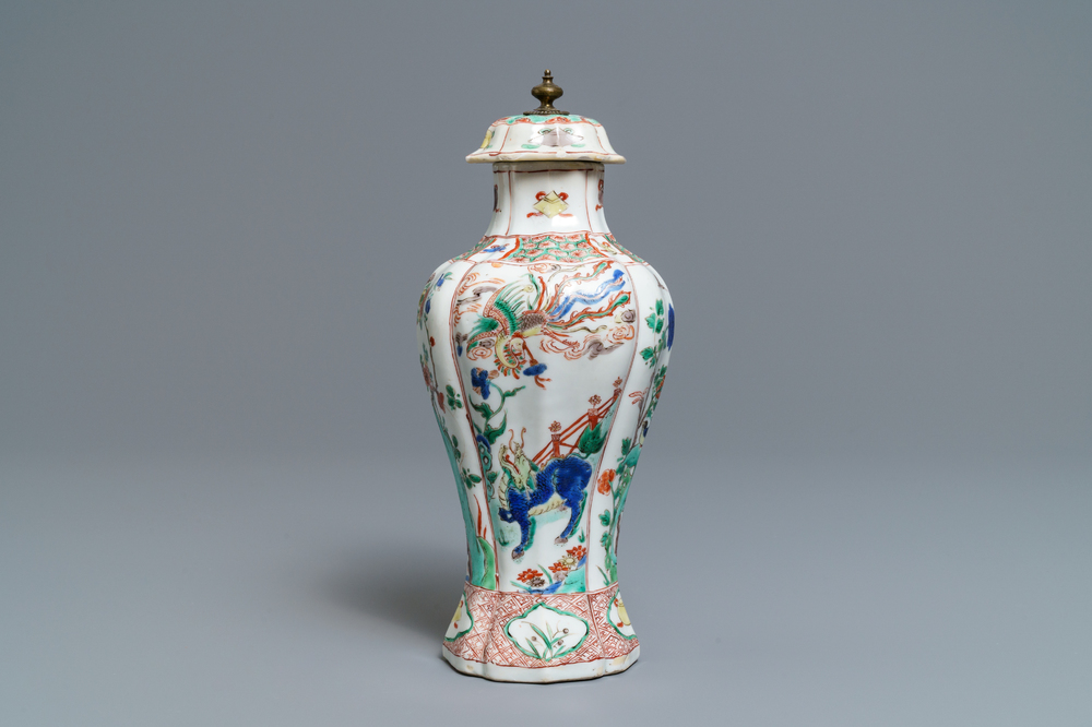 A Chinese famille verte vase and cover with mythical beasts, Kangxi