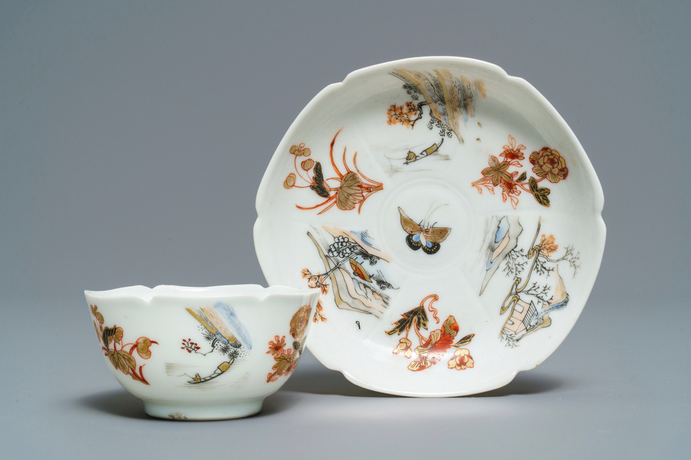 A Chinese grisaille and gilt eggshell cup and saucer, Yongzheng