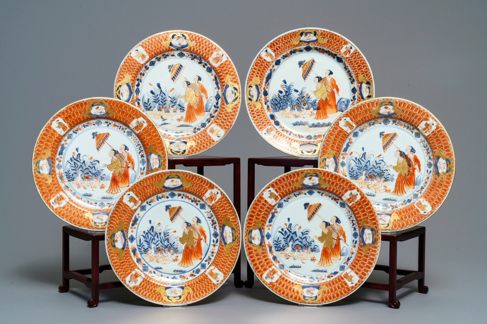 Zes Chinese Imari-stijl borden naar Cornelis Pronk, 'De parasoldames', Qianlong, ca. 1736-1738