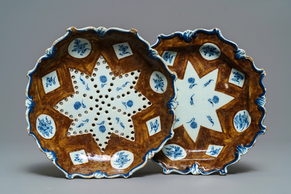 A Dutch Delft blue and white 'capucin brown ground' strainer on stand, 18th C.