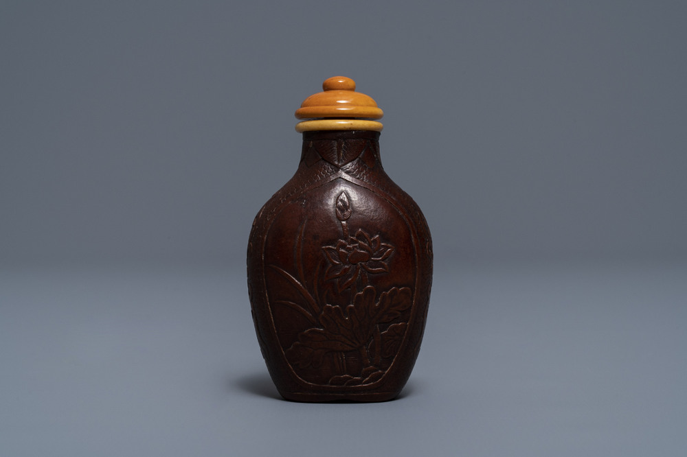 A Chinese dried gourd &lsquo;butterfly, peony and lotus&rsquo; snuff bottle, Qianlong mark, 19th C.