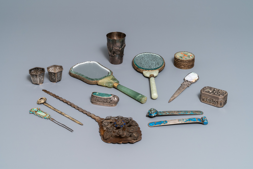 A varied collection of Chinese silver, some with jade mounts, 19/20th C.