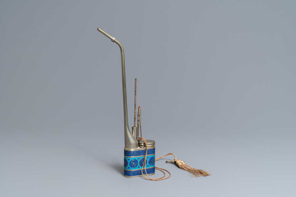 A Chinese inscribed paktong metal and enamel water pipe, 19th C.