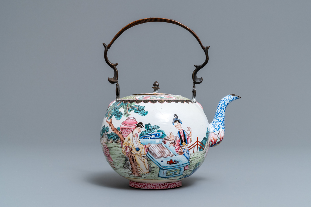 A Chinese Canton enamel kettle with figures in a garden, Yongzheng