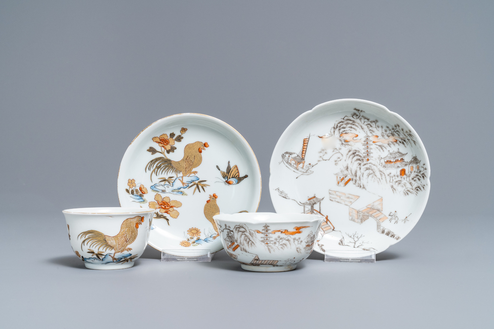 Two Chinese grisaille and gilt eggshell cups and saucers, Yongzheng