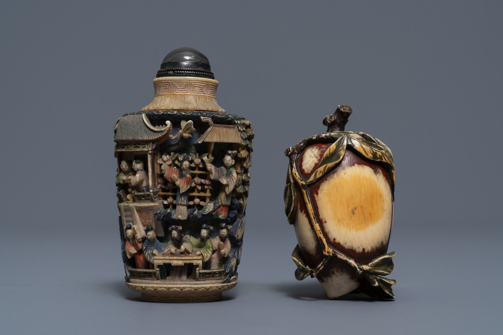 Two Chinese polychrome ivory snuff bottles, 19th C.