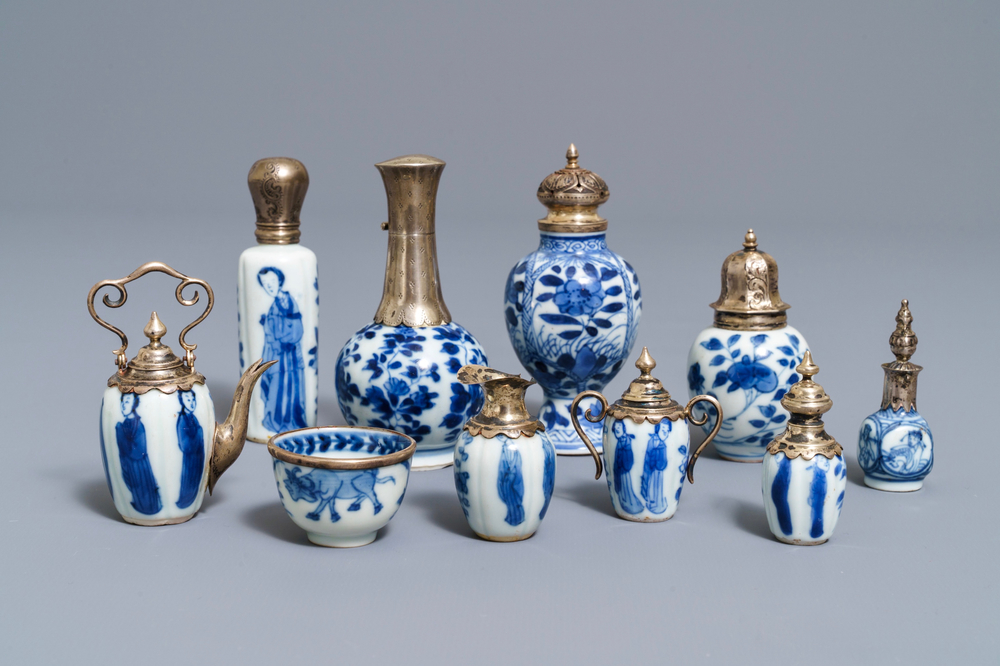 Ten Chinese silver-mounted blue and white miniature vases, Kangxi