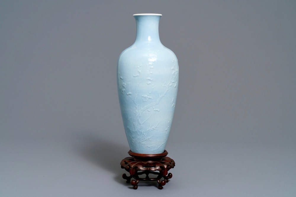 A Chinese monochrome lavender-blue vase with underglaze design, Yongzheng mark, 19/20th C.