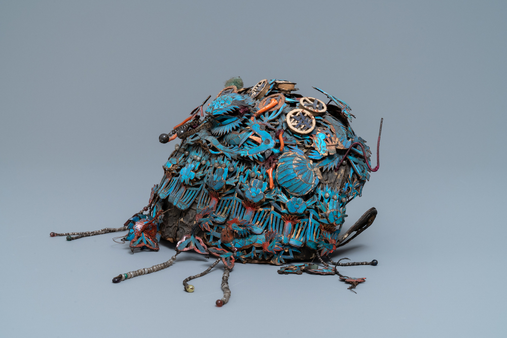 A Chinese ceremonial 'fengguang' coral- and silver-embellished kingfisher feather headdress, 19th C.