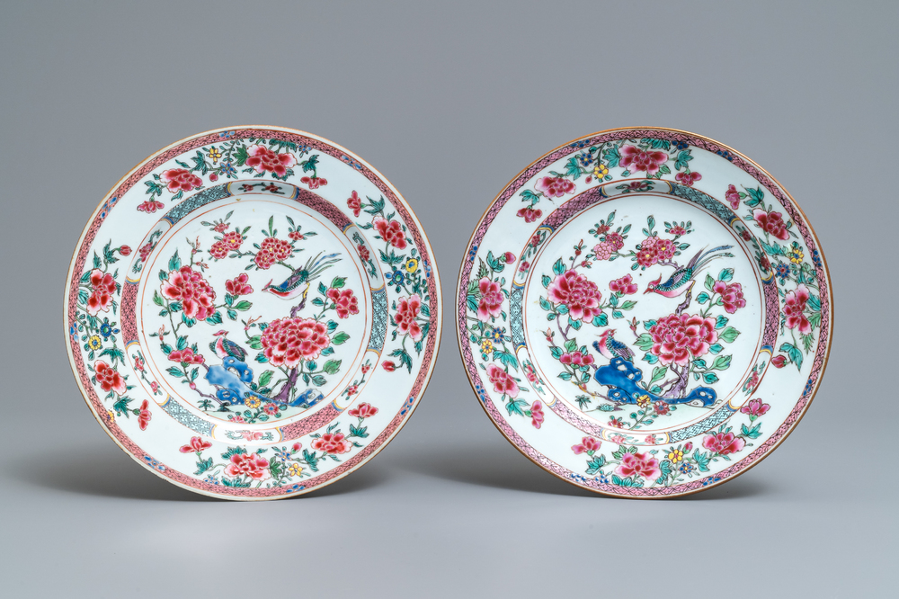 A pair of Chinese famille rose dishes with birds among flowers, Qianlong