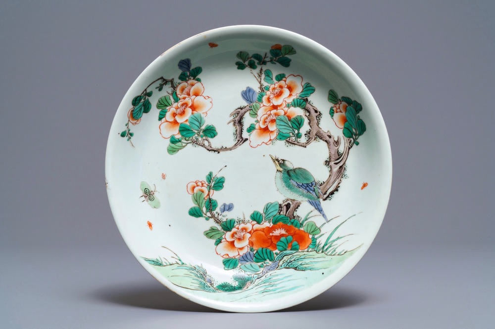 A Chinese famille verte dish with a bird on a flowery branch, Kangxi