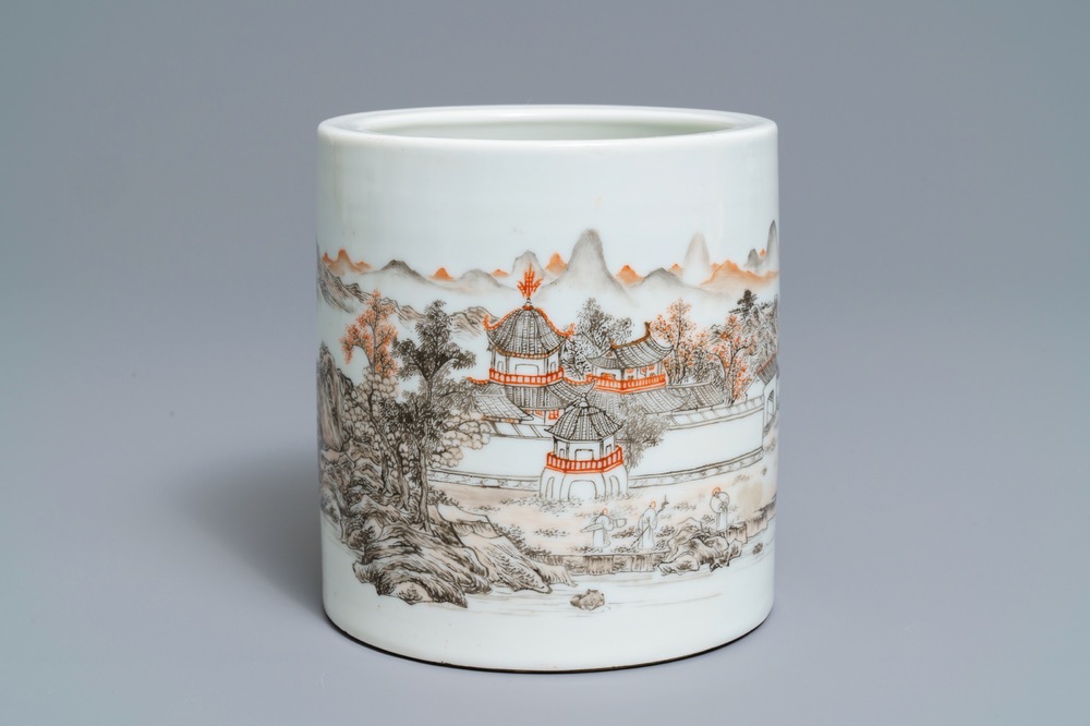 A Chinese grisaille and iron red brush pot, Ju Ren Tang mark, Republic