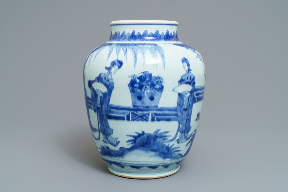 A Chinese blue and white jar with ladies in a garden, Transitional period