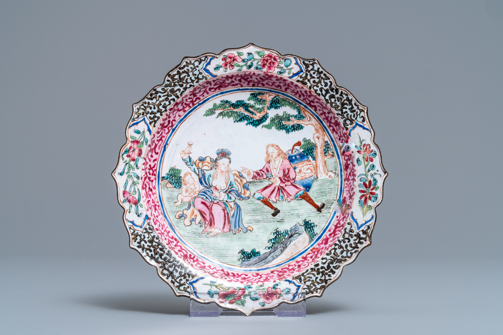 A Chinese Canton enamel semi-erotic 'Europeans' plate, Qianlong
