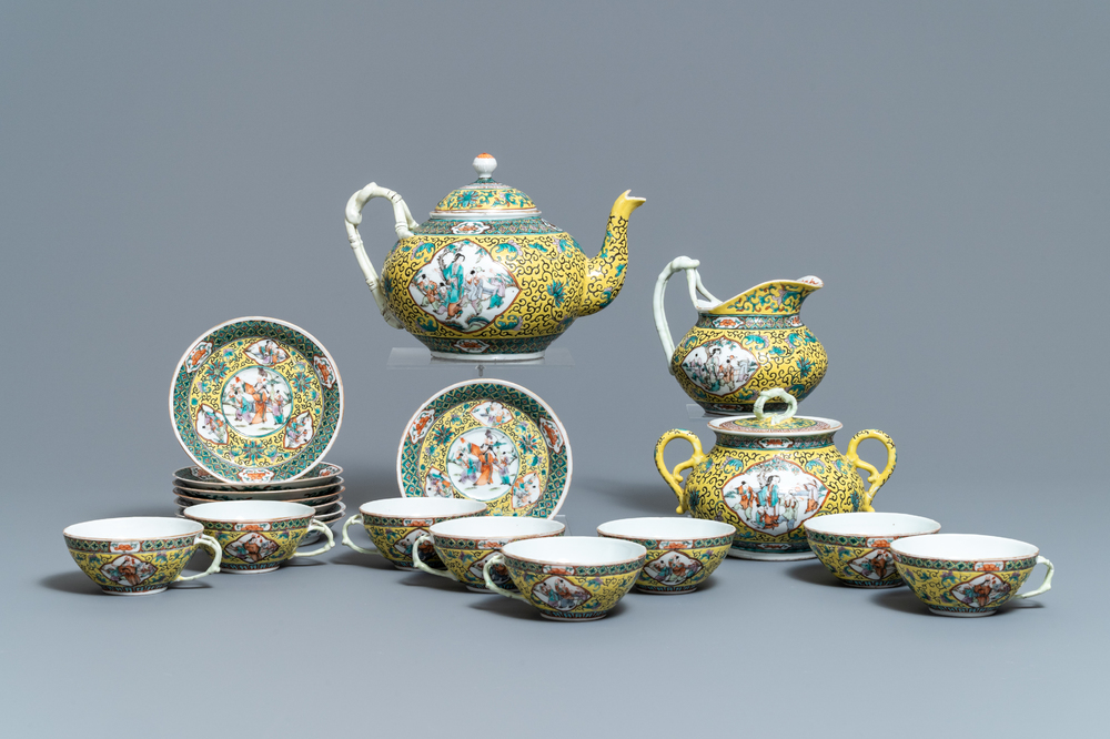 A Chinese yellow-ground famille verte tea service, 19th C.