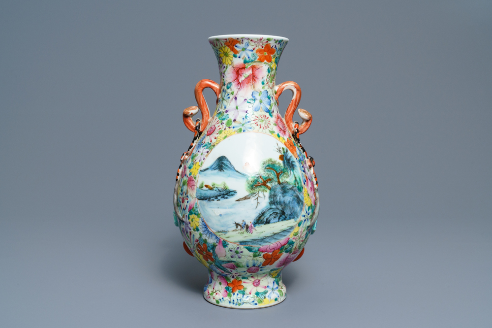 A Chinese famille rose 'millefleurs' landscape vase, Qianlong mark, Republic, 20th C.