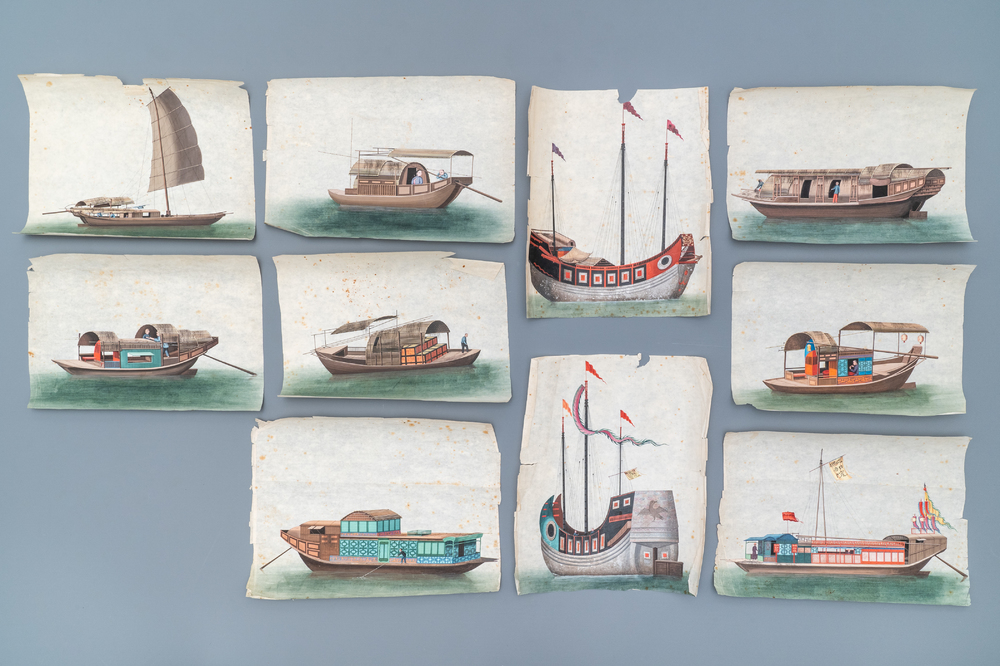 Ten Chinese Canton rice paper paintings of junks, 19th C.