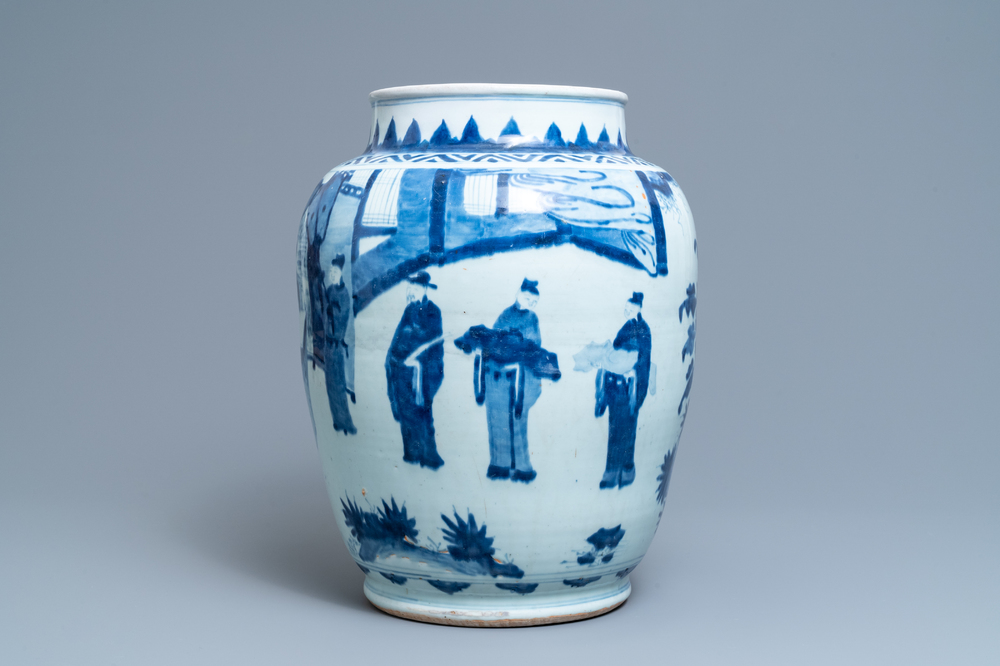 A large Chinese blue and white vase with figurative design, Transitional period