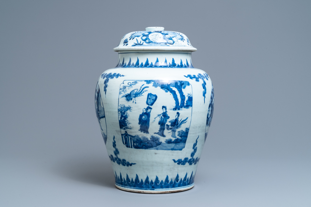 A Chinese blue and white vase and cover with figurative panels, Transitional period