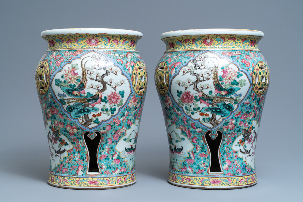 A pair of reticulated Chinese famille rose garden seats, 19th C.