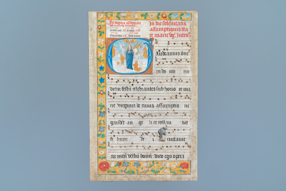 An illuminated antiphonary page, Flemish school, 15th C.