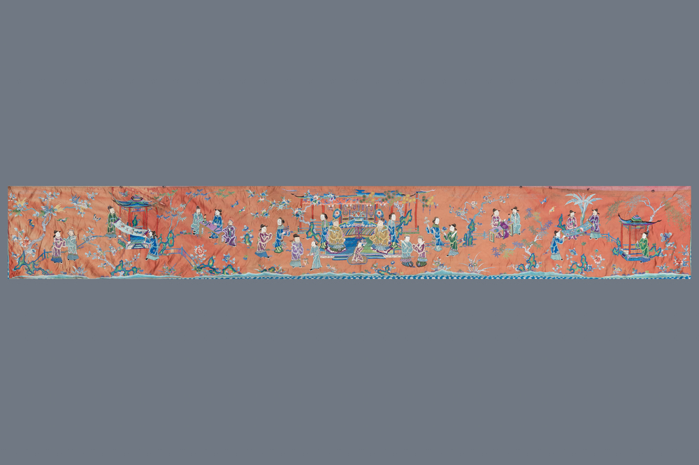 A long rectangular Chinese embroidered silk altar cloth, 19/20th C.