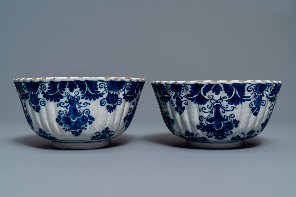 A pair of Dutch Delft blue and white ribbed bowls, 18th C.